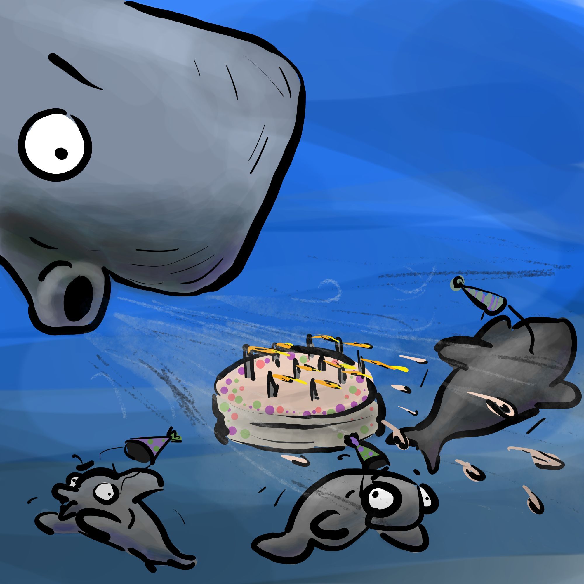 Whale blowing out candles on cake... and making a big mess.